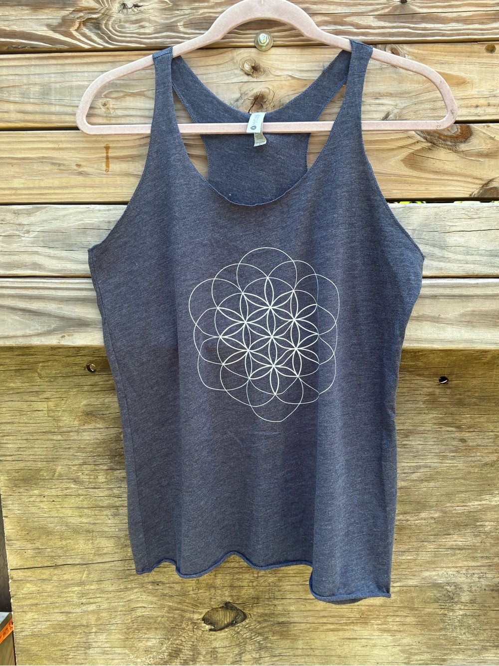 Charcoal Blue Gray Racerback Tank with Sacred Geometry White Print Size Large
